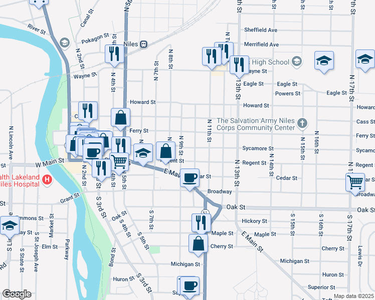map of restaurants, bars, coffee shops, grocery stores, and more near 910 Sycamore Street in Niles