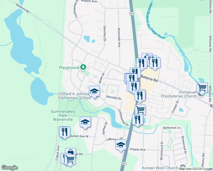 map of restaurants, bars, coffee shops, grocery stores, and more near 30W050 Mulberry Court in Warrenville