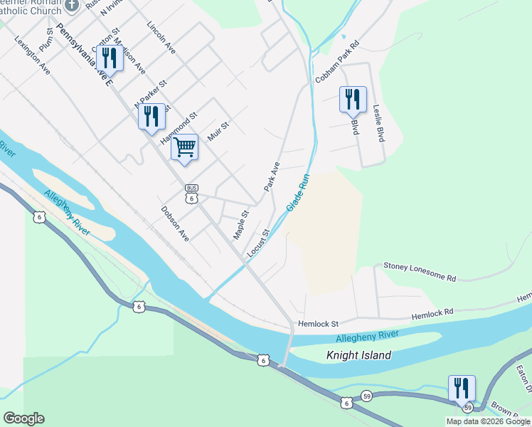 map of restaurants, bars, coffee shops, grocery stores, and more near 39 Locust Street in Warren