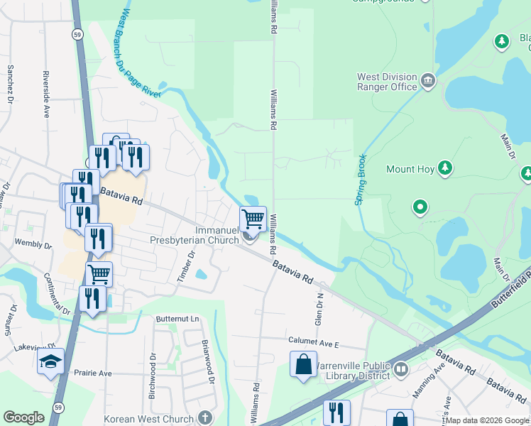 map of restaurants, bars, coffee shops, grocery stores, and more near 2S630 Williams Road in Warrenville