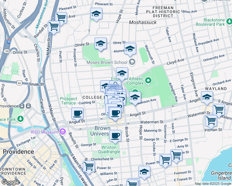 map of restaurants, bars, coffee shops, grocery stores, and more near in Providence