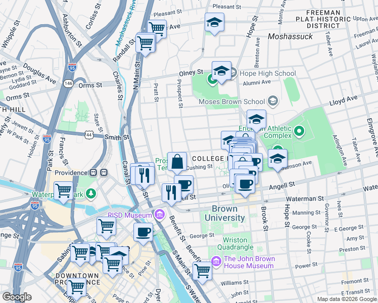 map of restaurants, bars, coffee shops, grocery stores, and more near Prospect St & Bowen St in Providence