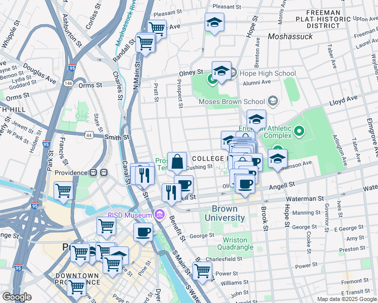 map of restaurants, bars, coffee shops, grocery stores, and more near Bowen Street in Providence