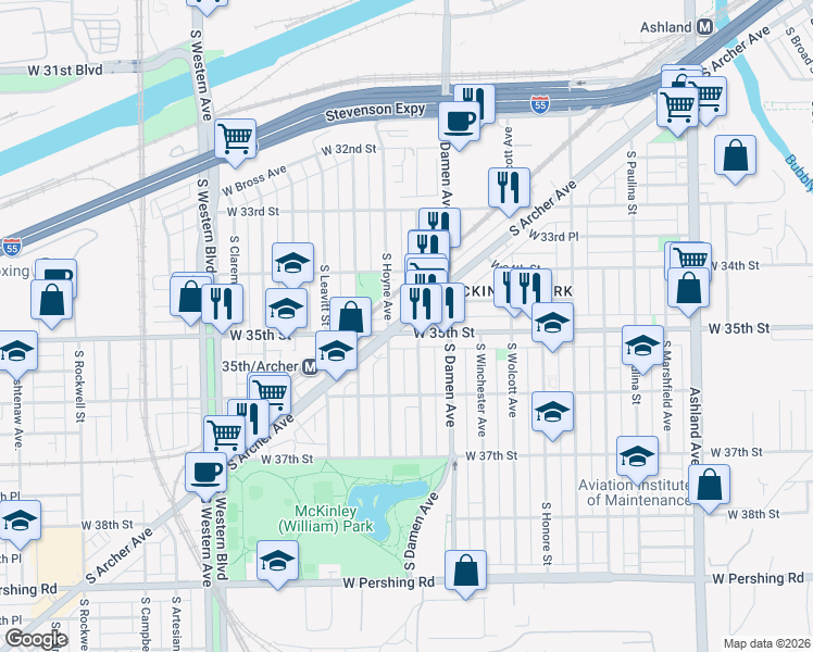 map of restaurants, bars, coffee shops, grocery stores, and more near 3471 South Archer Avenue in Chicago