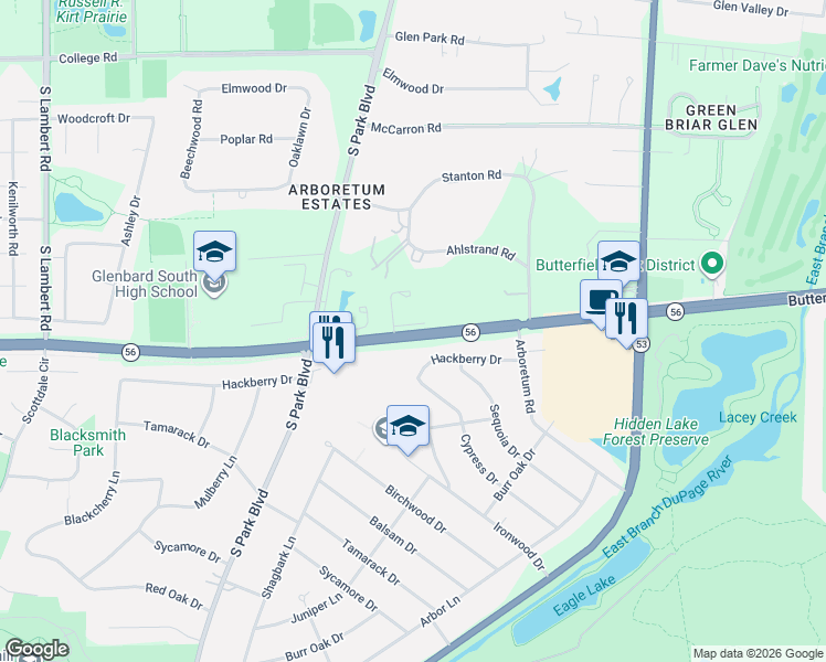 map of restaurants, bars, coffee shops, grocery stores, and more near 411 Butterfield Road in Glen Ellyn