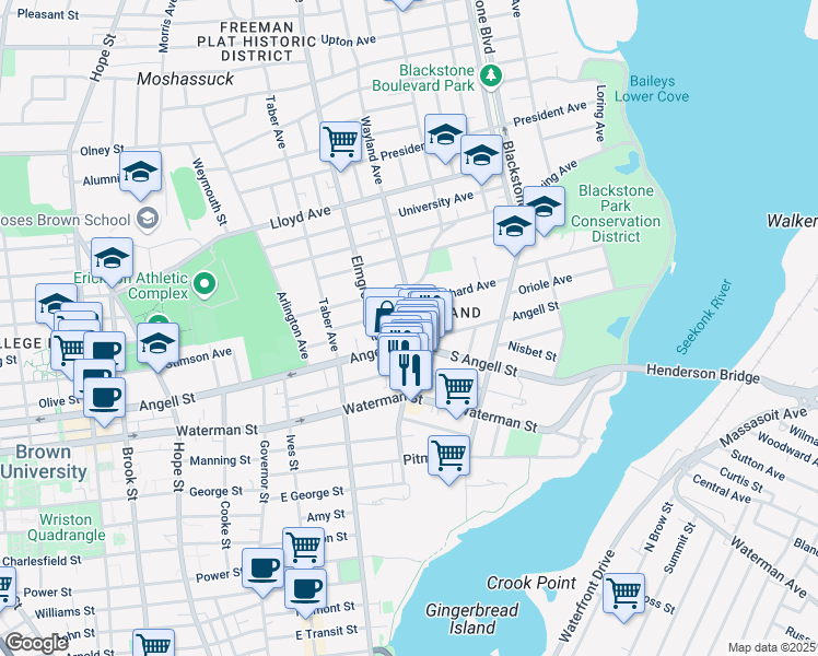 map of restaurants, bars, coffee shops, grocery stores, and more near 490 Angell Street in Providence