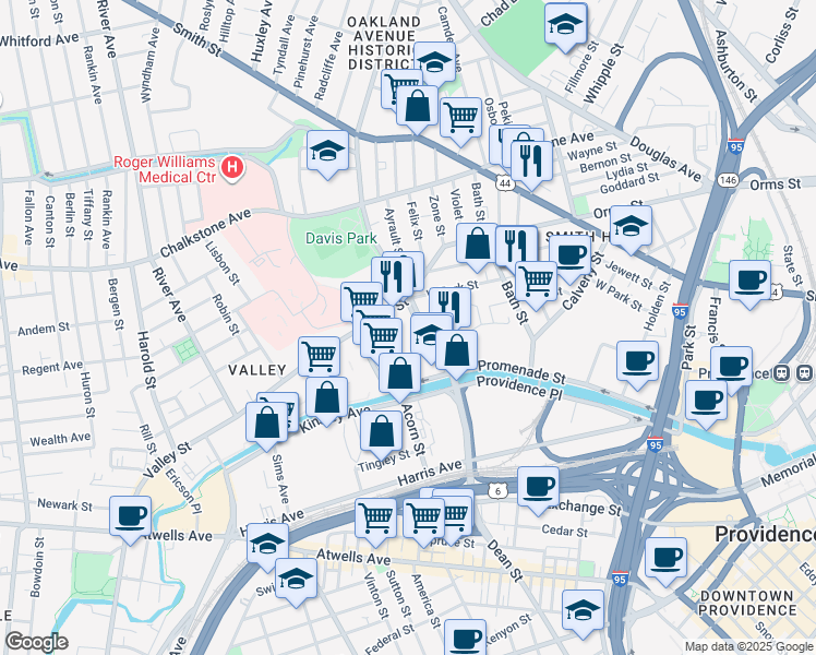 map of restaurants, bars, coffee shops, grocery stores, and more near 80 Pleasant Valley Parkway in Providence