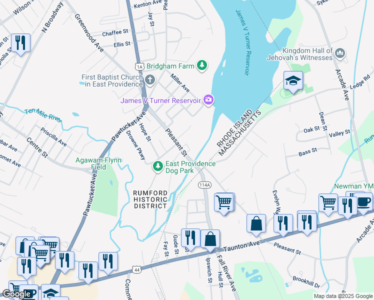 map of restaurants, bars, coffee shops, grocery stores, and more near 400 Pleasant Street in East Providence