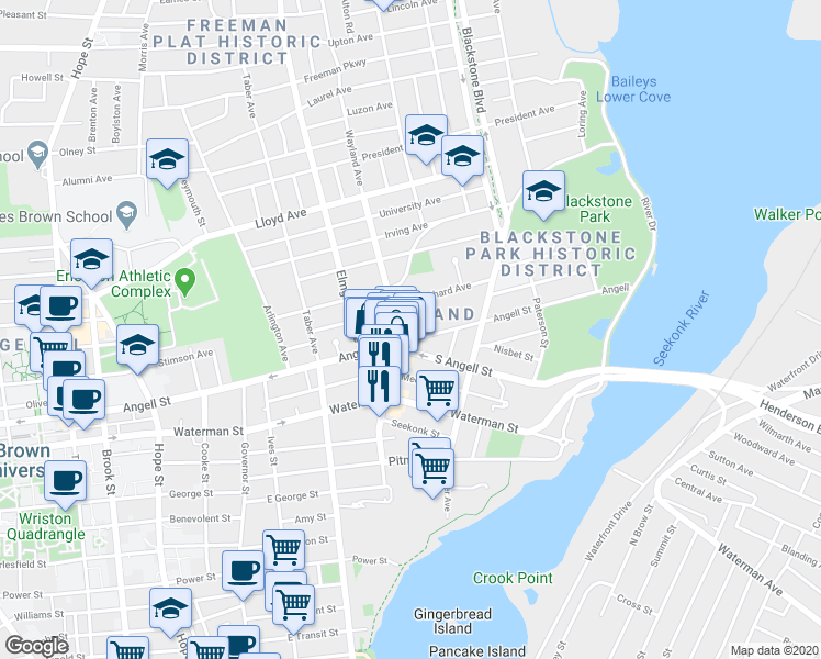 map of restaurants, bars, coffee shops, grocery stores, and more near 0 Rhode Island Avenue in Providence