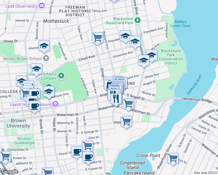 map of restaurants, bars, coffee shops, grocery stores, and more near 15 Elmgrove Avenue in Providence