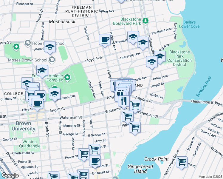 map of restaurants, bars, coffee shops, grocery stores, and more near 15 Elmgrove Avenue in Providence