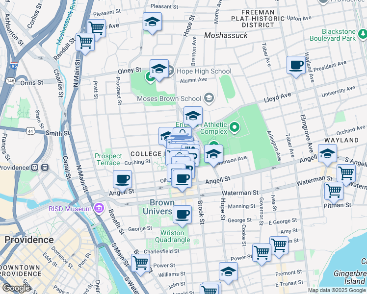 map of restaurants, bars, coffee shops, grocery stores, and more near 251 Bowen Street in Providence