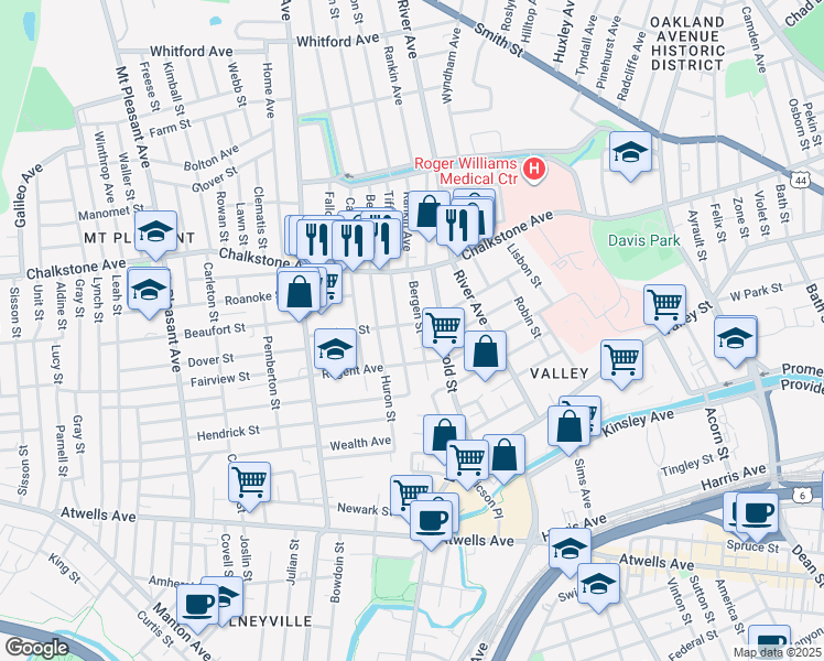 map of restaurants, bars, coffee shops, grocery stores, and more near 14 Andem Street in Providence