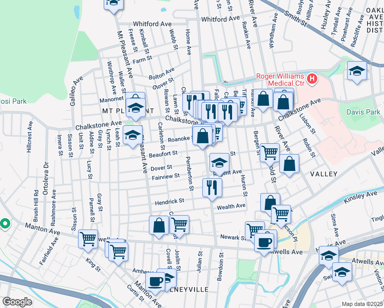 map of restaurants, bars, coffee shops, grocery stores, and more near 20 Beaufort Street in Providence