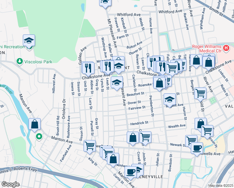 map of restaurants, bars, coffee shops, grocery stores, and more near 165 Beaufort Street in Providence