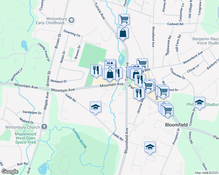 map of restaurants, bars, coffee shops, grocery stores, and more near 11 Mountain Avenue in Bloomfield
