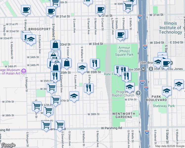 map of restaurants, bars, coffee shops, grocery stores, and more near 501 West 35th Street in Chicago