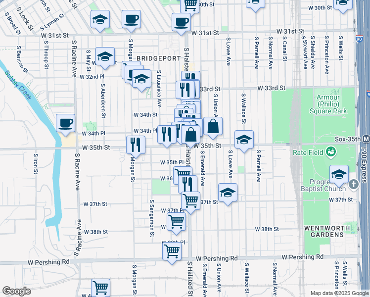 map of restaurants, bars, coffee shops, grocery stores, and more near 3506 South Halsted Street in Chicago