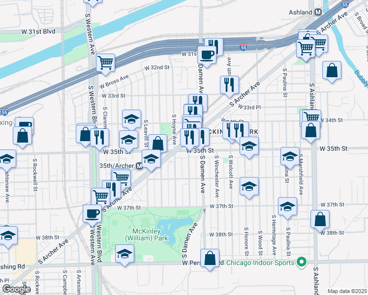 map of restaurants, bars, coffee shops, grocery stores, and more near 2030 West 35th Street in Chicago