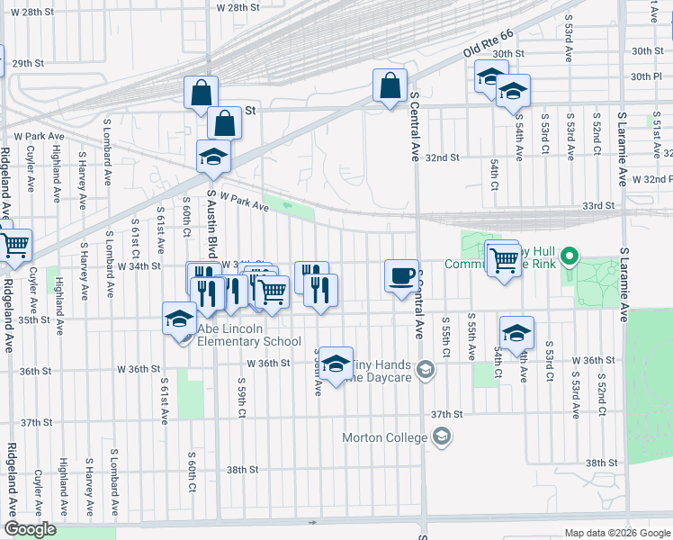 map of restaurants, bars, coffee shops, grocery stores, and more near 3405 South 58th Avenue in Cicero