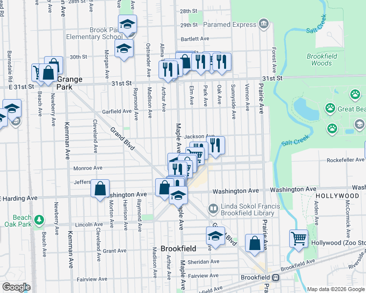 map of restaurants, bars, coffee shops, grocery stores, and more near 3318 Maple Avenue in Brookfield