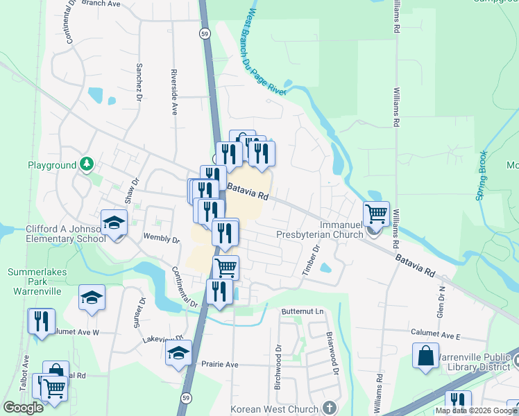 map of restaurants, bars, coffee shops, grocery stores, and more near 29W535 Batavia Road in Warrenville