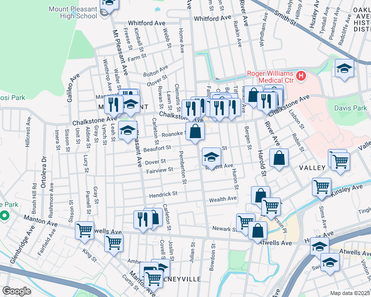 map of restaurants, bars, coffee shops, grocery stores, and more near 30 Beaufort Street in Providence
