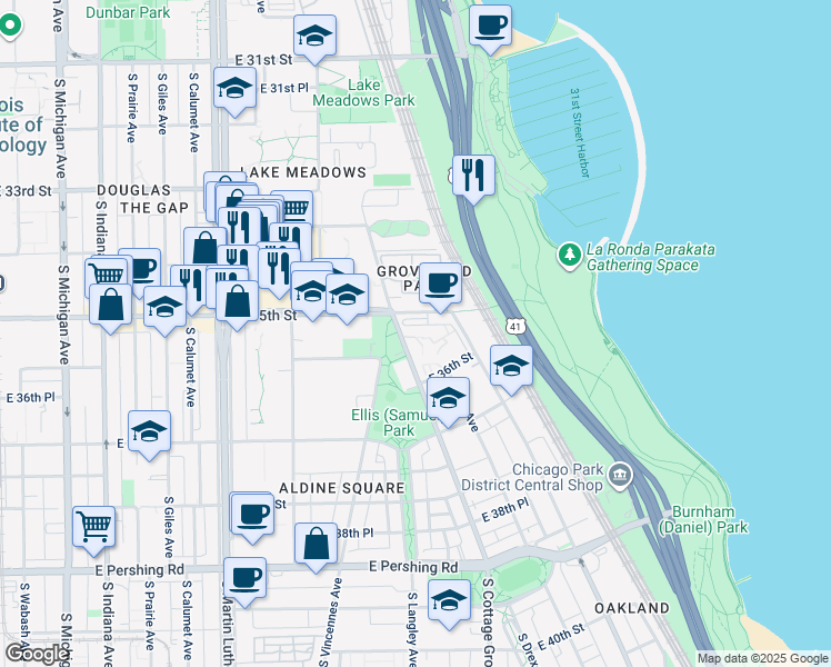 map of restaurants, bars, coffee shops, grocery stores, and more near 3515 South Cottage Grove Avenue in Chicago