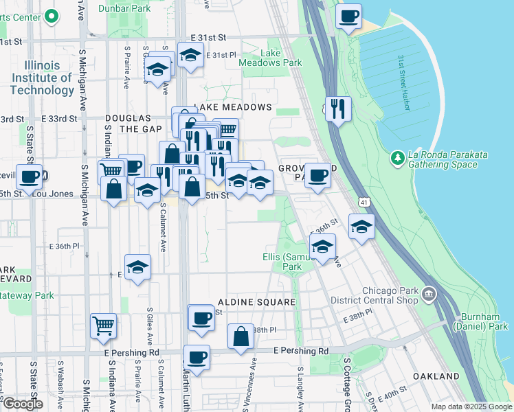 map of restaurants, bars, coffee shops, grocery stores, and more near 535 East 35th Street in Chicago