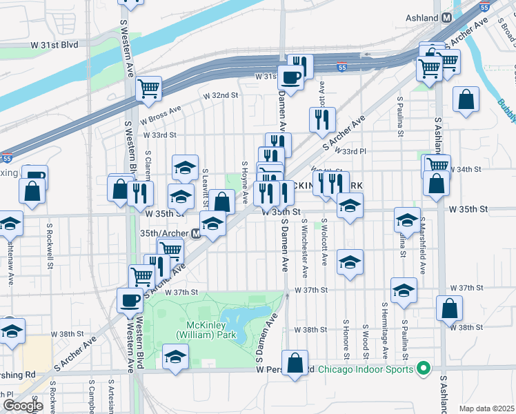 map of restaurants, bars, coffee shops, grocery stores, and more near 2030 West 35th Street in Chicago