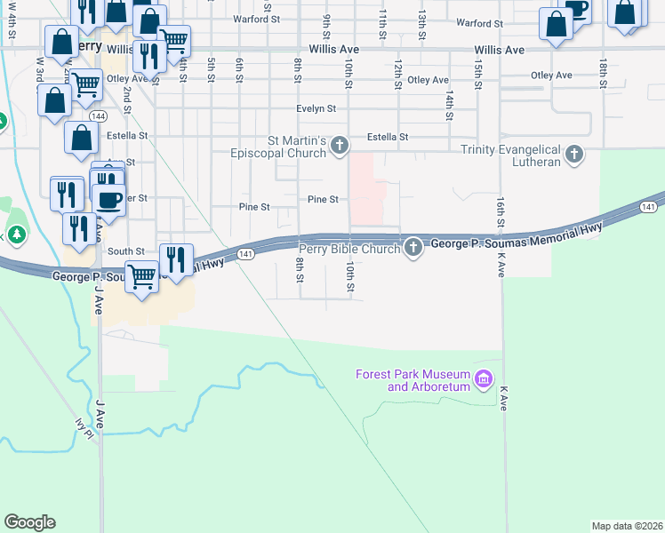 map of restaurants, bars, coffee shops, grocery stores, and more near 310 Sugar Creek Cir in Perry