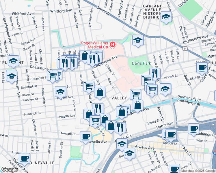 map of restaurants, bars, coffee shops, grocery stores, and more near 60 Regent Avenue in Providence