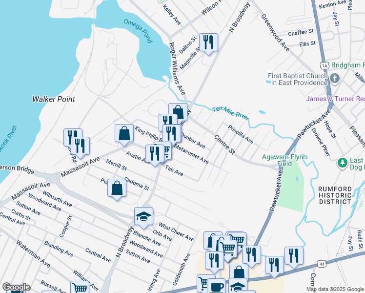 map of restaurants, bars, coffee shops, grocery stores, and more near 24 Metacomet Avenue in East Providence