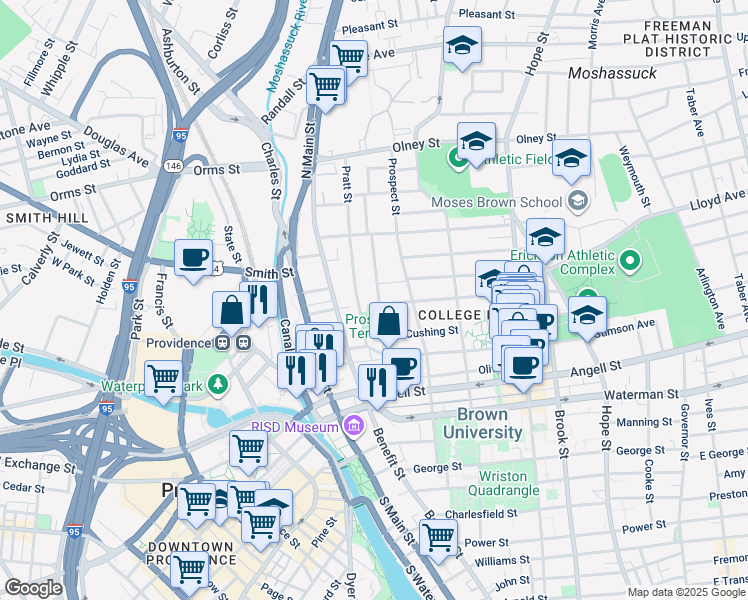 map of restaurants, bars, coffee shops, grocery stores, and more near 78 Congdon Street in Providence