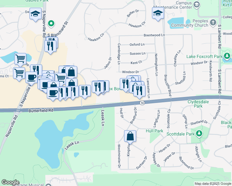map of restaurants, bars, coffee shops, grocery stores, and more near 1027 Briarbrook Drive in Wheaton