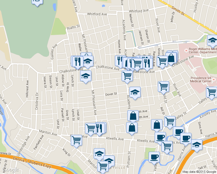 map of restaurants, bars, coffee shops, grocery stores, and more near 70 Beaufort Street in Providence