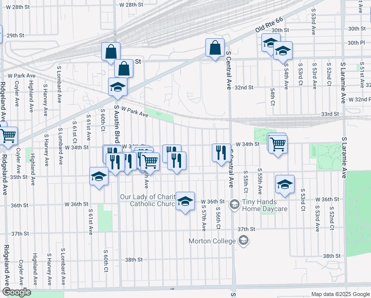map of restaurants, bars, coffee shops, grocery stores, and more near 3405 South 58th Avenue in Cicero