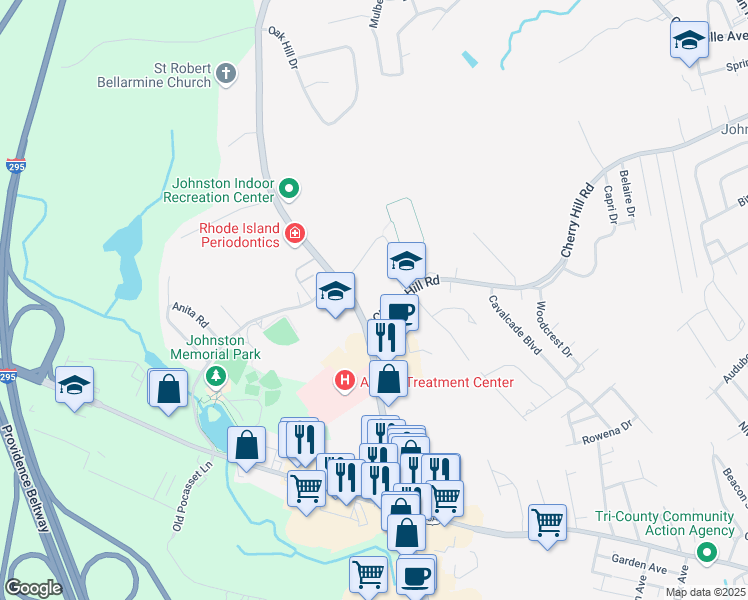 map of restaurants, bars, coffee shops, grocery stores, and more near 1651 Atwood Avenue in Johnston