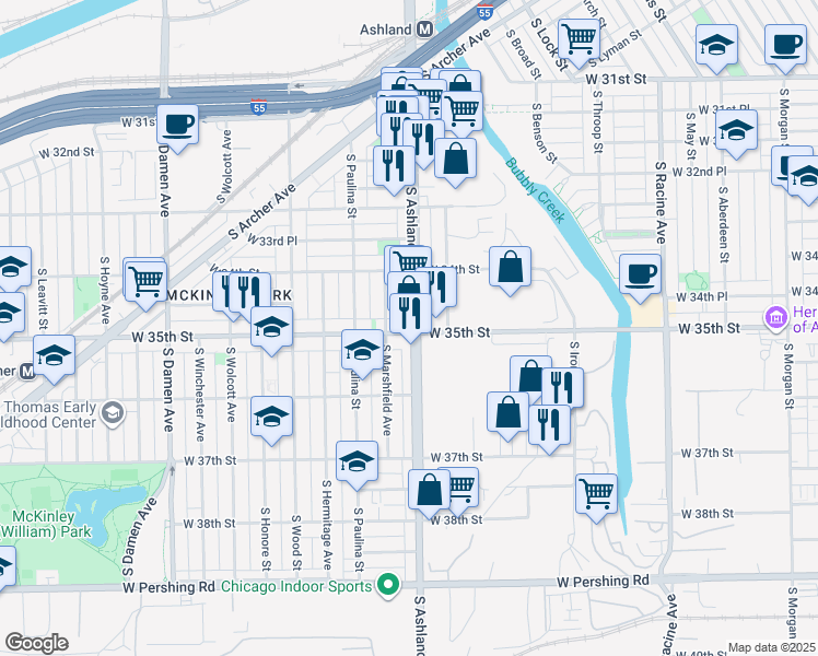 map of restaurants, bars, coffee shops, grocery stores, and more near 1604 West 35th Street in Chicago