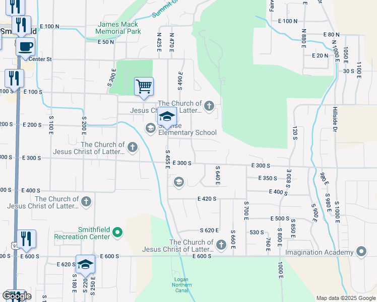 map of restaurants, bars, coffee shops, grocery stores, and more near 261 South 550 East in Smithfield
