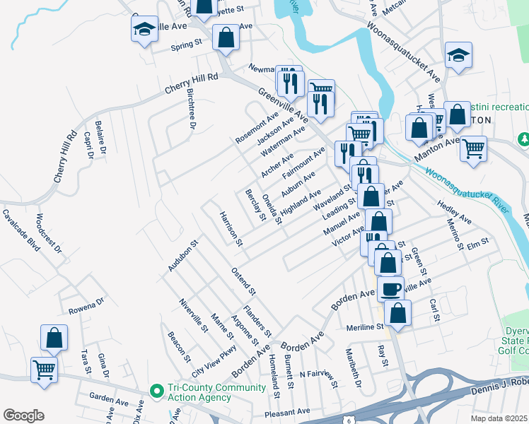 map of restaurants, bars, coffee shops, grocery stores, and more near 5 Berclay Street in Johnston