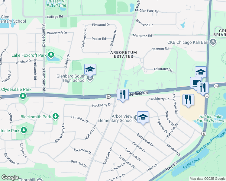 map of restaurants, bars, coffee shops, grocery stores, and more near 22W600 Butterfield Road in Glen Ellyn