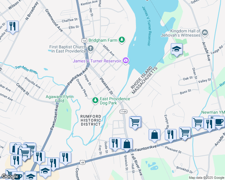 map of restaurants, bars, coffee shops, grocery stores, and more near 400 Pleasant Street in East Providence