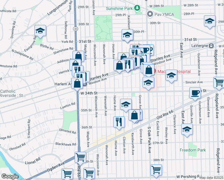 map of restaurants, bars, coffee shops, grocery stores, and more near 7005 34th Street in Berwyn
