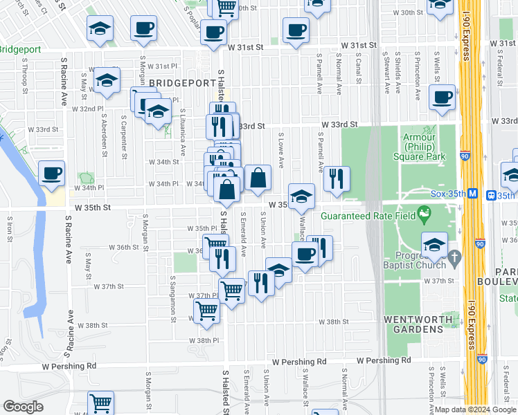 map of restaurants, bars, coffee shops, grocery stores, and more near 3500 South Union Avenue in Chicago