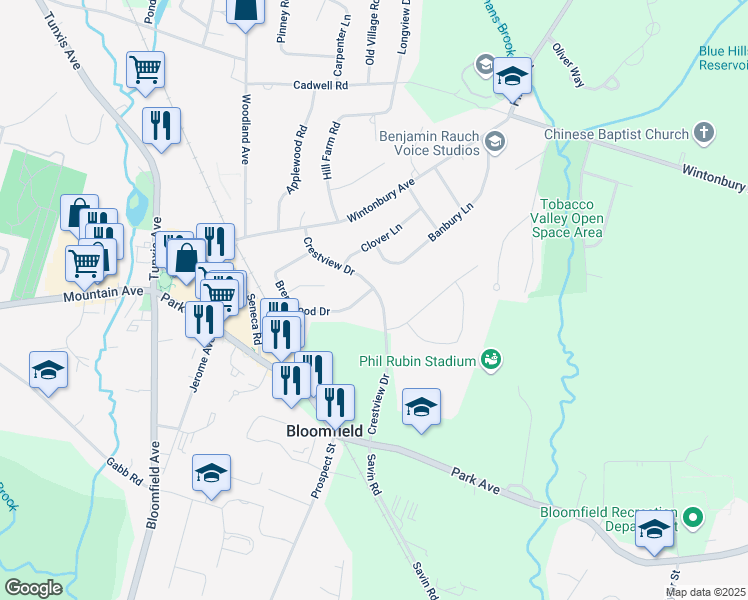 map of restaurants, bars, coffee shops, grocery stores, and more near 20 Crestview Drive in Bloomfield