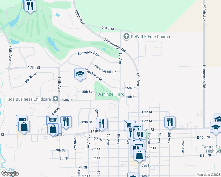 map of restaurants, bars, coffee shops, grocery stores, and more near 821 Brookview Drive in DeWitt