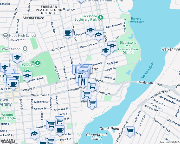 map of restaurants, bars, coffee shops, grocery stores, and more near 531 Angell Street in Providence