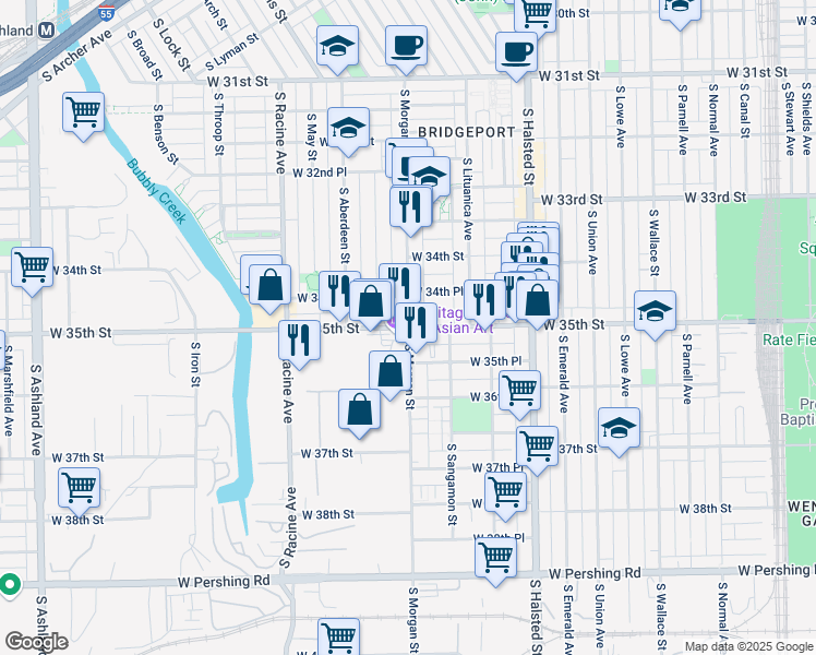 map of restaurants, bars, coffee shops, grocery stores, and more near West 35th Street & South Morgan Street in Chicago