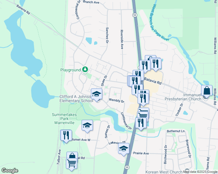 map of restaurants, bars, coffee shops, grocery stores, and more near 30W052 Mulberry Court in Warrenville